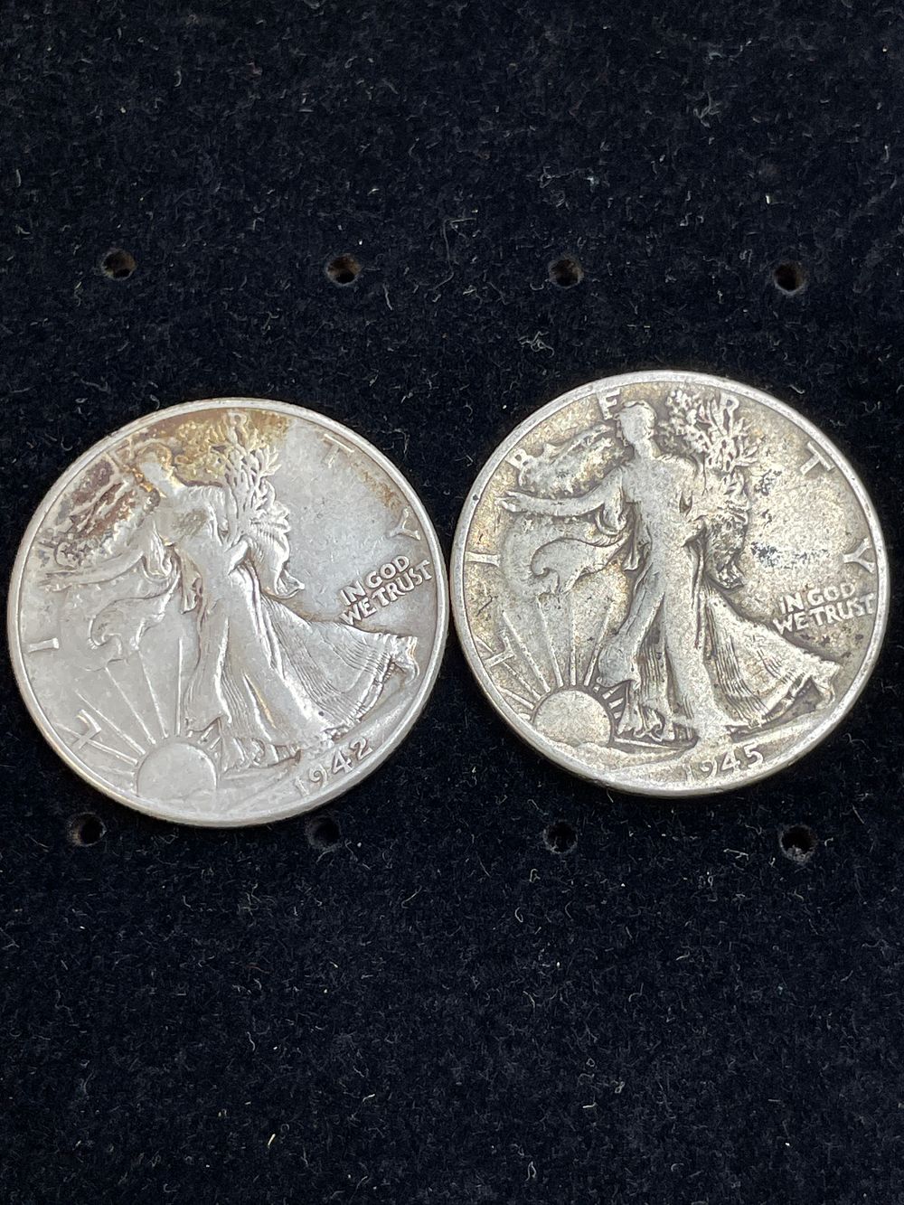 Lot 330: A Pair of 1942 and 1945 Walking Liberty Silver Half Dollars