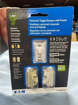 Eaton TUL06P-C2 Universal Toggle Dimmer with Preset LED. A new, packaged Eaton TUL06P-C2 