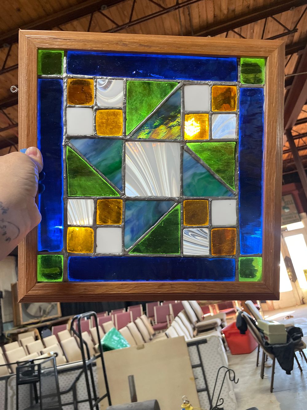 Lot 161: Geometric Abstract Stained Glass Panel Suncatcher