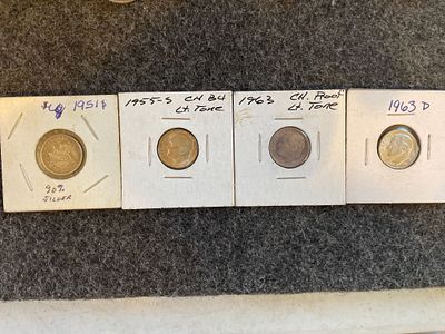 A Collection of Roosevelt Silver Dimes. Several 90% silver Roosevelt dimes including 1955-S 