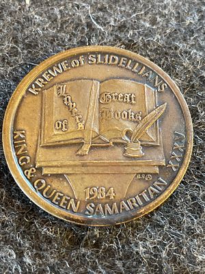 1984 Krewe of Slidellians Mardi Gras Doubloon. A bronze-toned commemorative medallion featuring 