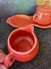 Fiesta Ceramic Cream and Sugar Set with Tray. A three-piece orange-red ceramic set featuring a Image - 5