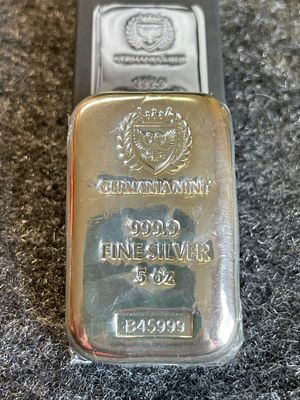 Germania Mint 5 oz .9999 Fine Silver Cast Bar. A 5 oz .9999 fine silver cast bar from the 
