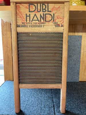 Columbus Washboard Co Dubl Handi Wooden and Metal Washboard. A tan wooden and grey metal 