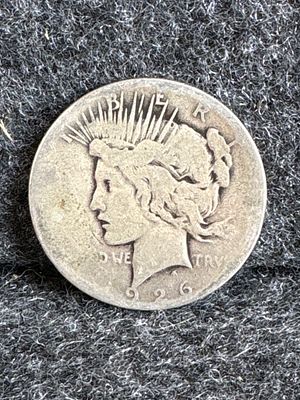 1926 S United States Silver Peace Dollar Coin. A single silver 1926 S Peace Dollar coin 