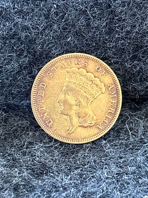 1878 United States Three Dollar Gold Indian Princess Coin. A gold-colored coin featuring an 