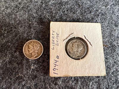 Two 1944 United States Mercury Silver Dimes. Two silver Mercury dimes dated 1944, including one 