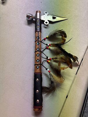 TigerUSA Decorative Spontoon Pipe Tomahawk with Feathers. A decorative pipe tomahawk by TigerUSA 