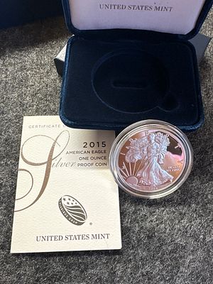 2015-W American Eagle One Ounce Silver Proof Coin with Box. A 2015-W American Eagle one ounce 