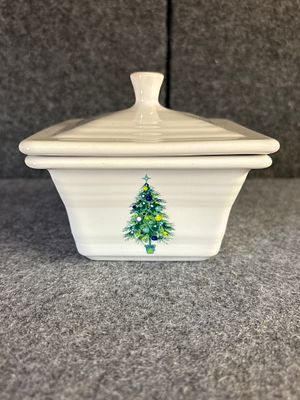 Fiestaware rare White Ceramic Square Crock with Christmas Tree Graphic. A white ceramic 