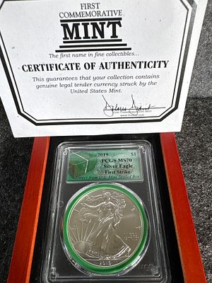 US 2019 American Silver Eagle One-Dollar Coin PCGS MS70 First Strike. A 2019 US American Silver 