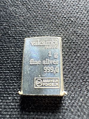 Valcambi Suisse 1 Gram 999.0 Fine Silver Bar. This 1-gram fine silver bar is produced by the 