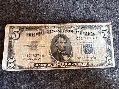 US Series 1953 $5 Silver Certificate Blue Seal Banknote. This is a United States five-dollar 