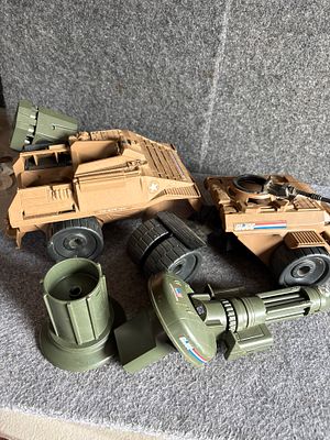 A Collection of Vintage Hasbro G.I. Joe Mean Dog Vehicle Parts and Accessories Missing Wheel. Thi 
