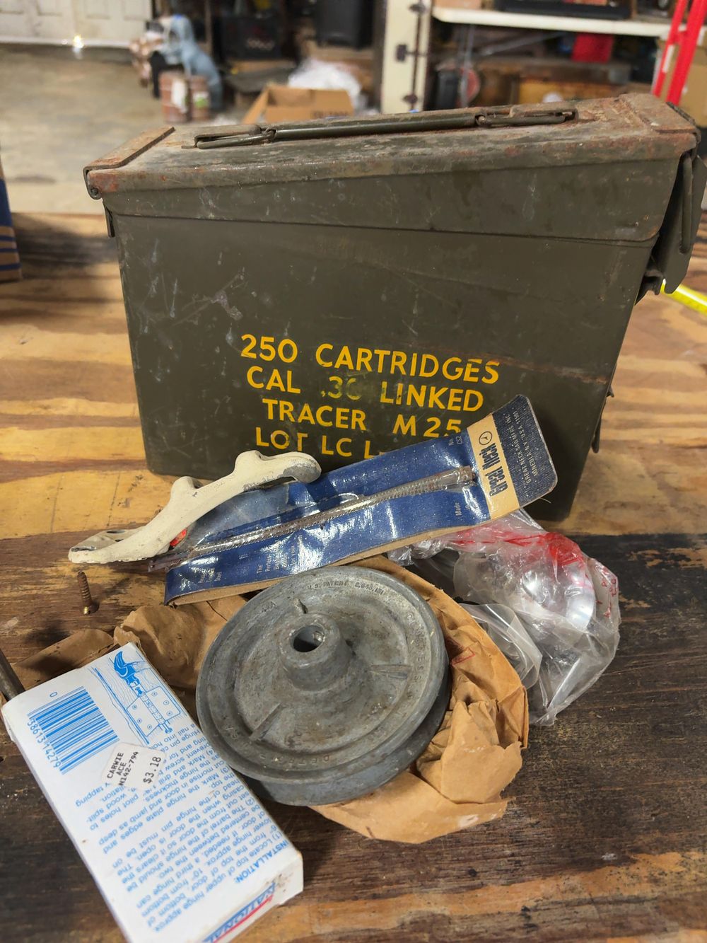 Lot 172: US Military M1 Ammunition Can and an Assortment of Vintage Workshop Hardware