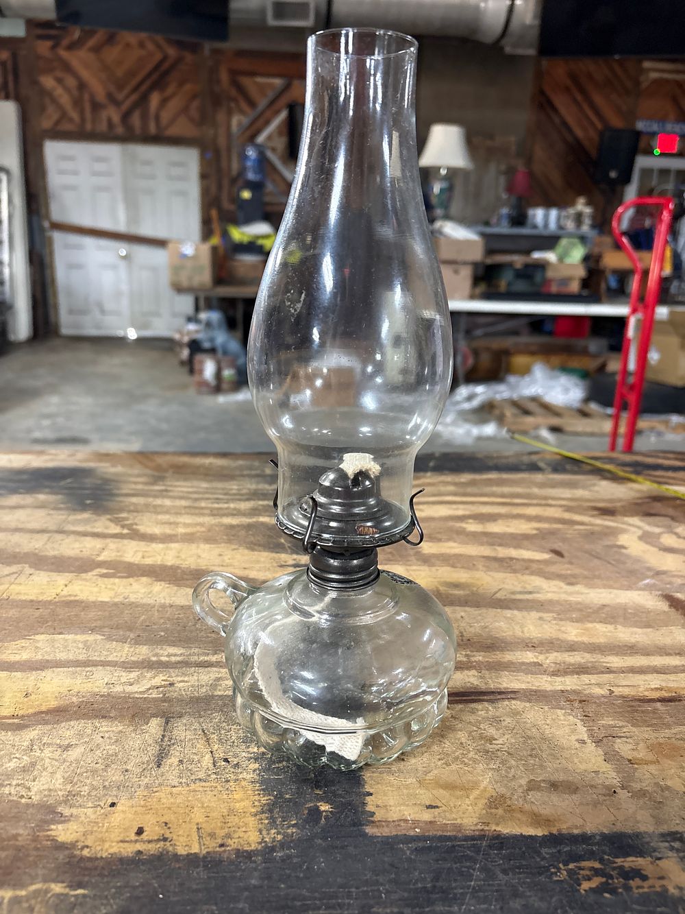 Lot 174: Lamplight Farms Clear Glass Finger-Handle Chamber Oil Lamp