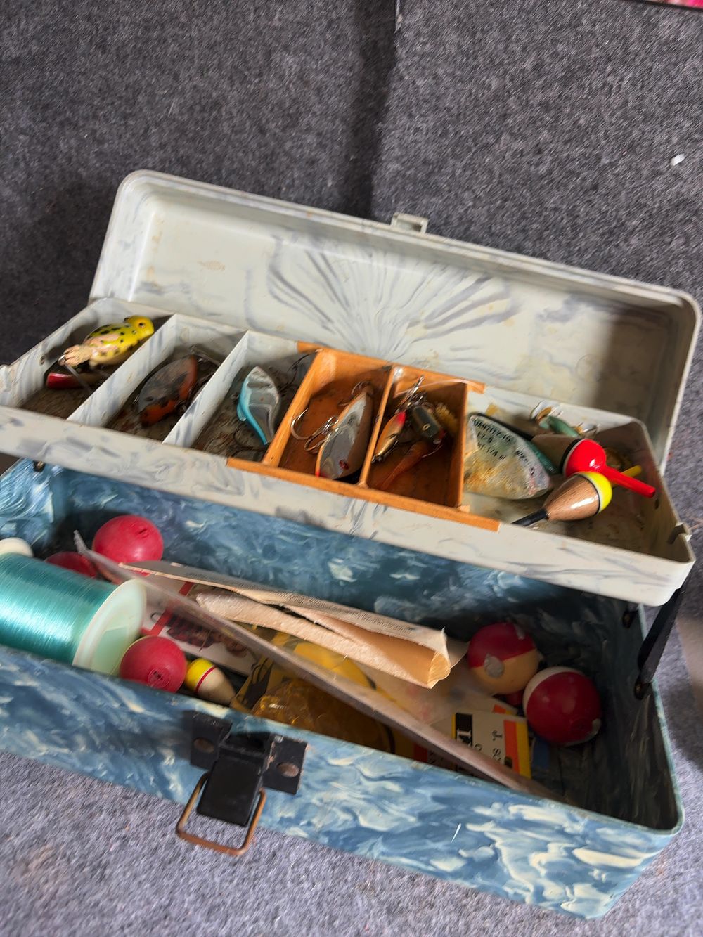 Lot 195: A Vintage Marbled Blue and Cream Plastic Tackle Box with a Collection of Assorted Fishing Gear