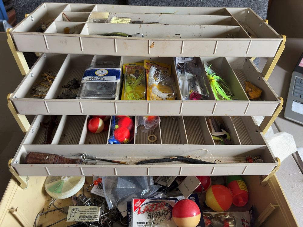 Lot 203: Vintage Plano Model 6303 Three-Tray Cantilever Plastic Fishing Tackle Box with Assorted Tackle