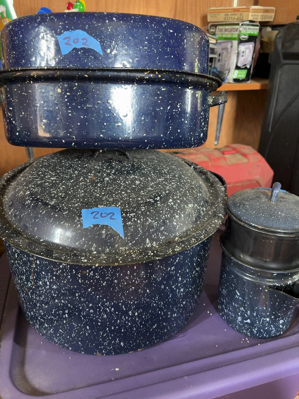Lot 204: A Trio of Vintage Blue Speckled Enamelware Kitchen Items