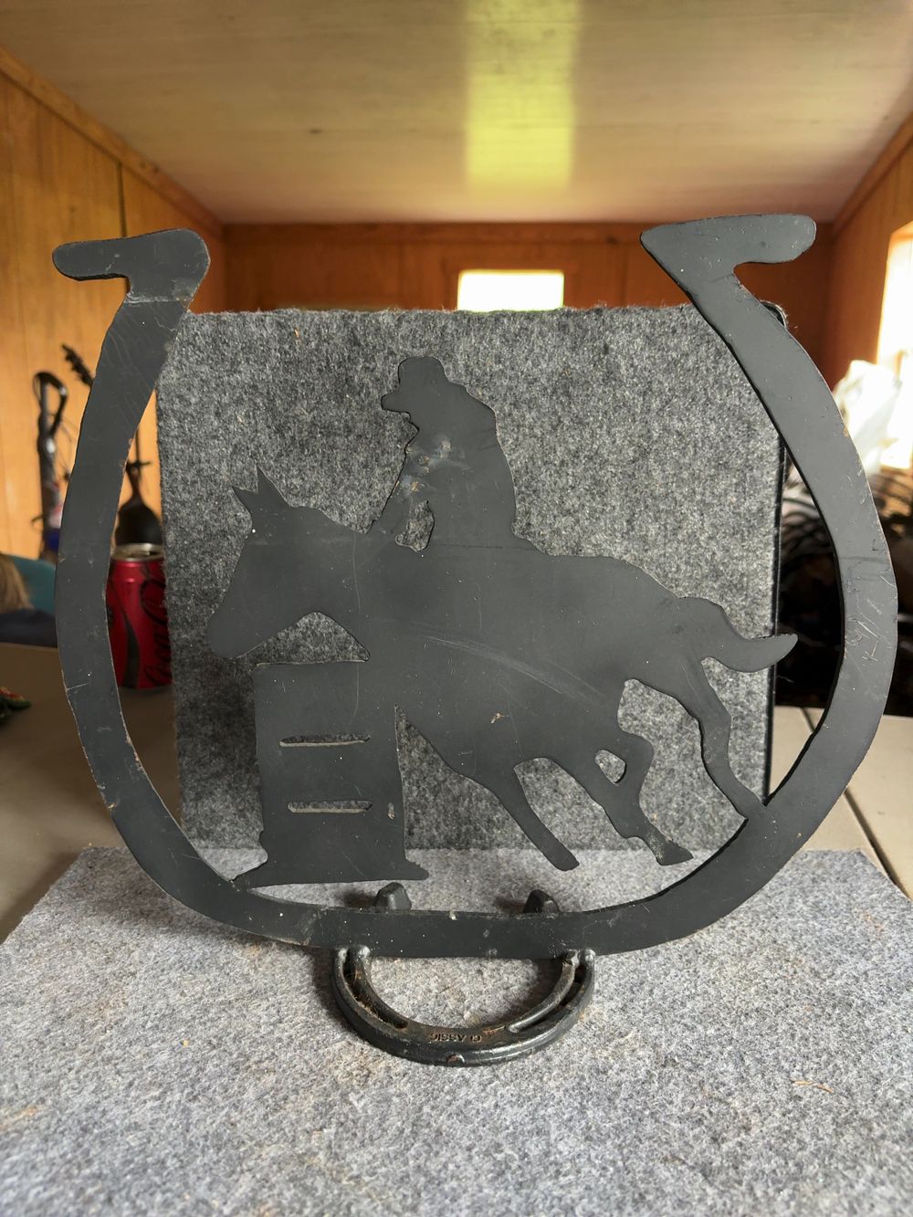 Lot 125: Western Metal Barrel Racer Silhouette Sculpture with Horseshoe Base
