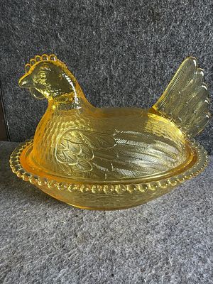 Indiana Glass Yellow Glass Hen on Nest Covered Candy Dish. This two-piece pressed glass covered 