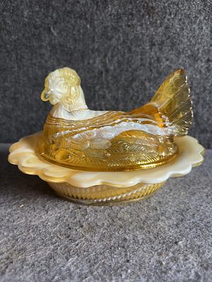 Amber Slag Glass Hen on Nest Covered Dish with Scalloped Rim. This is a two-piece covered dish 
