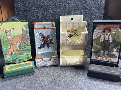 A Collection of Vintage Ceramic and Metal Wall-Mounting Match Holders. A collection of vintage 