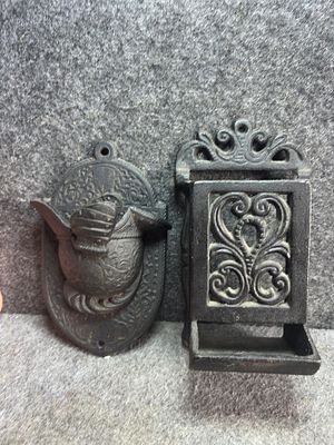Two Vintage Cast Iron Wall Mounted Match Holders Including Iron Art Conquistador Helmet Pattern. 