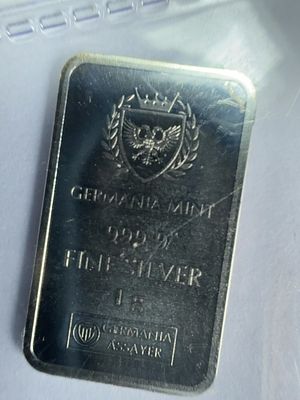 Germania Mint 1 Gram Silver 999.9 Fine Bar. This lot features a single rectangular silver 