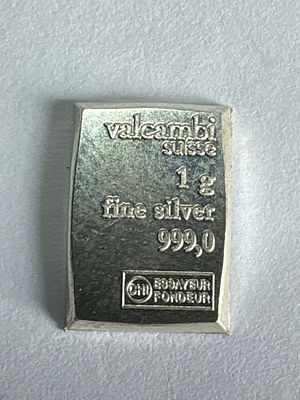 Valcambi Suisse 1-Gram Fine Silver Bullion Bar. This 1-gram fine silver bullion bar is produced 