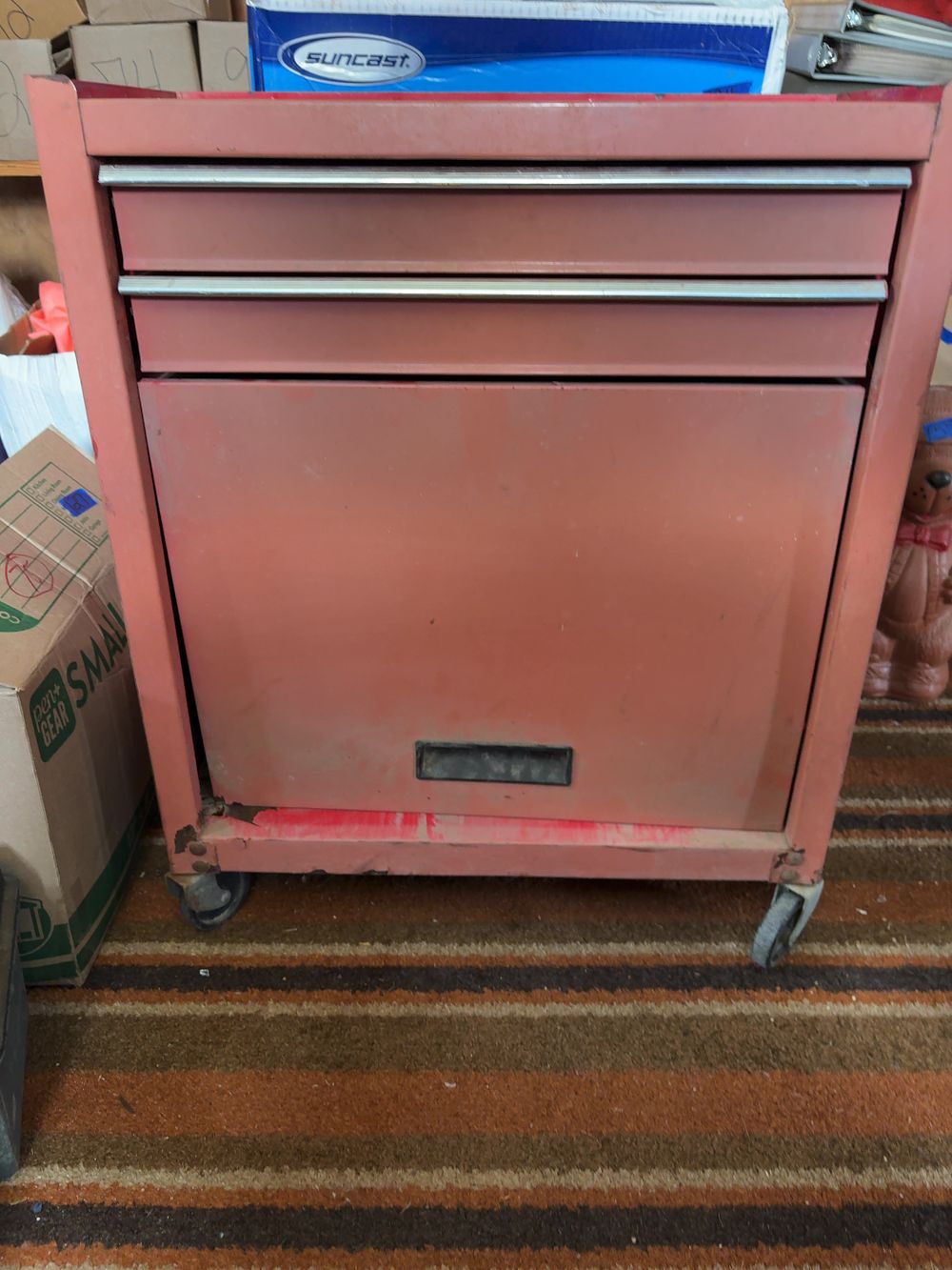 Lot 169: Vintage Rolling Metal Tool Chest with Two Drawers and Bottom Cabinet