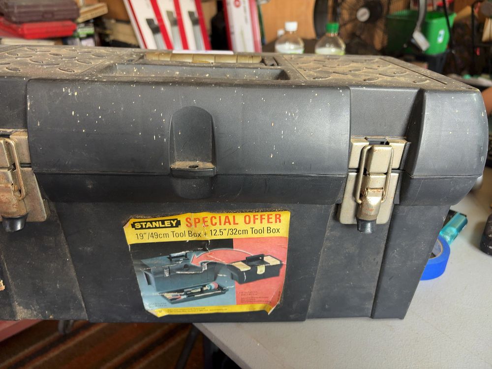 Lot 174: An Assortment of Campbell Hausfeld Pneumatic Brad Nailer and Stanley Toolbox with Accessories
