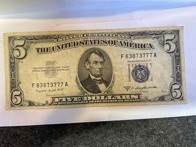 1953 B $5 Five Dollar Silver Certificate Blue Seal Note
The 1953 B $5 Five Dollar Silver 