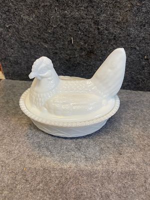 Imperial Glass Company Milk Glass Hen on Nest Covered Dish. This is a two-piece milk glass 