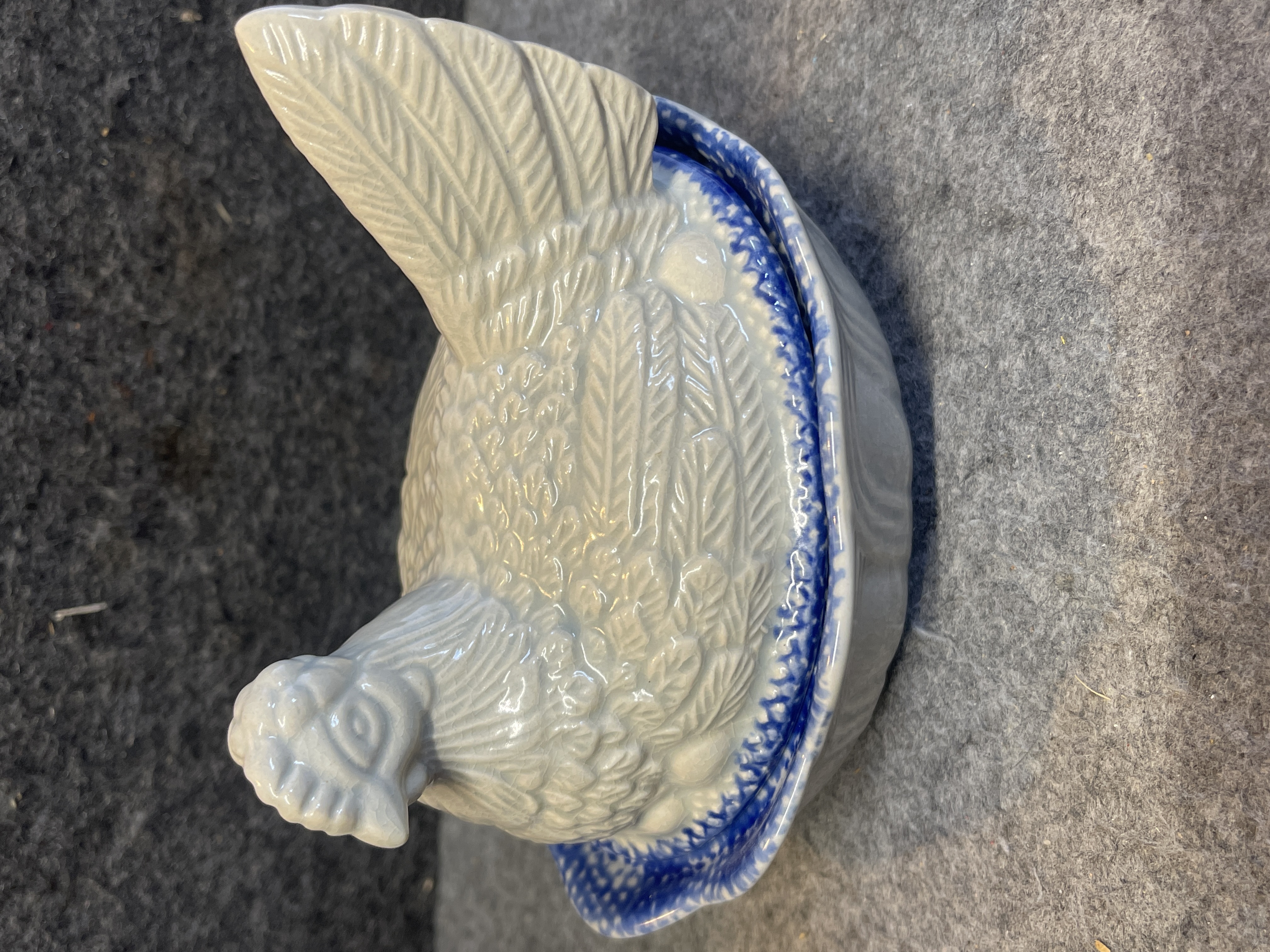 Chinese Ceramic Hen-on-Nest Covered Dish with Blue Spongeware Trim