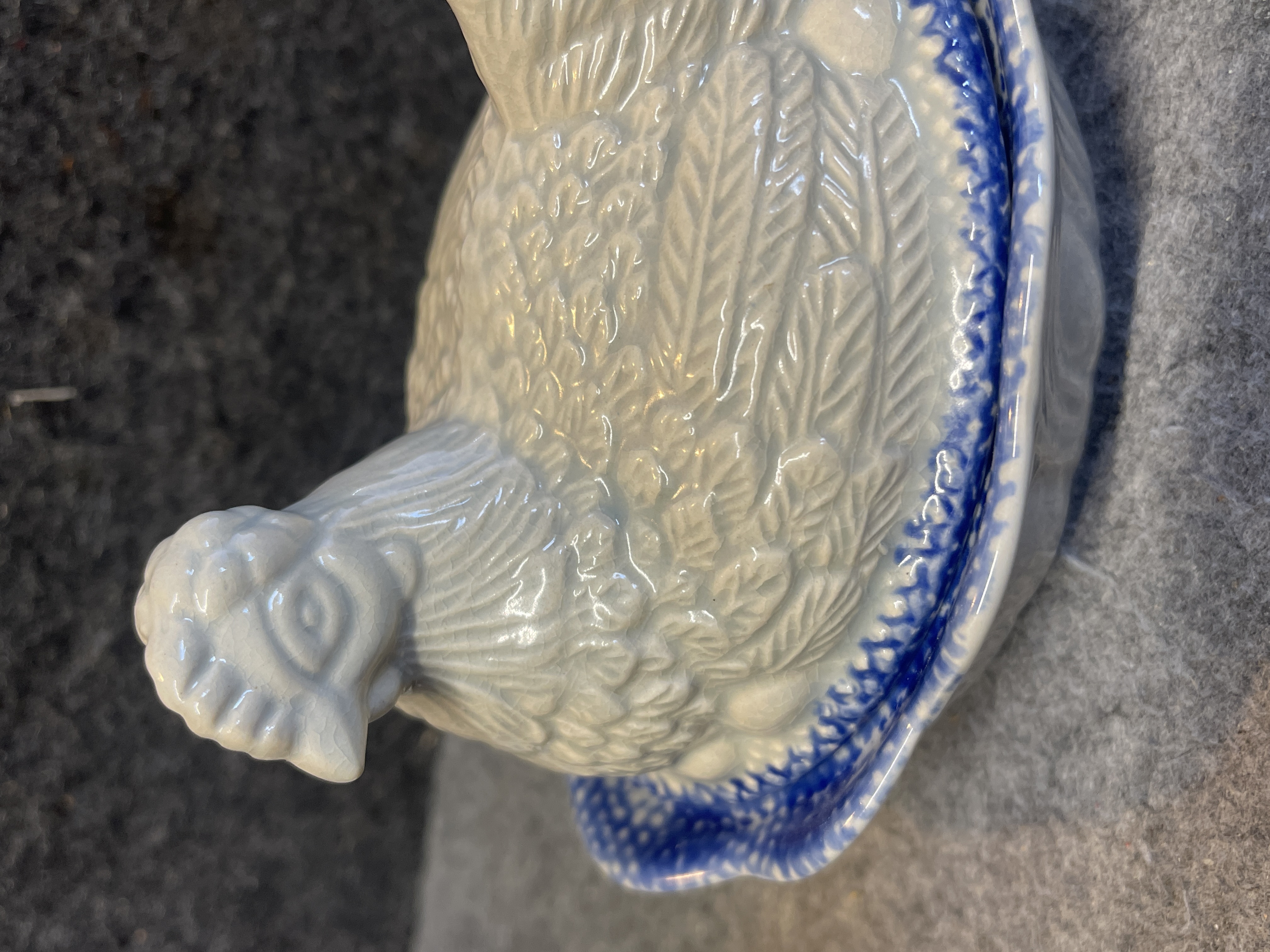 Chinese Ceramic Hen-on-Nest Covered Dish with Blue Spongeware Trim