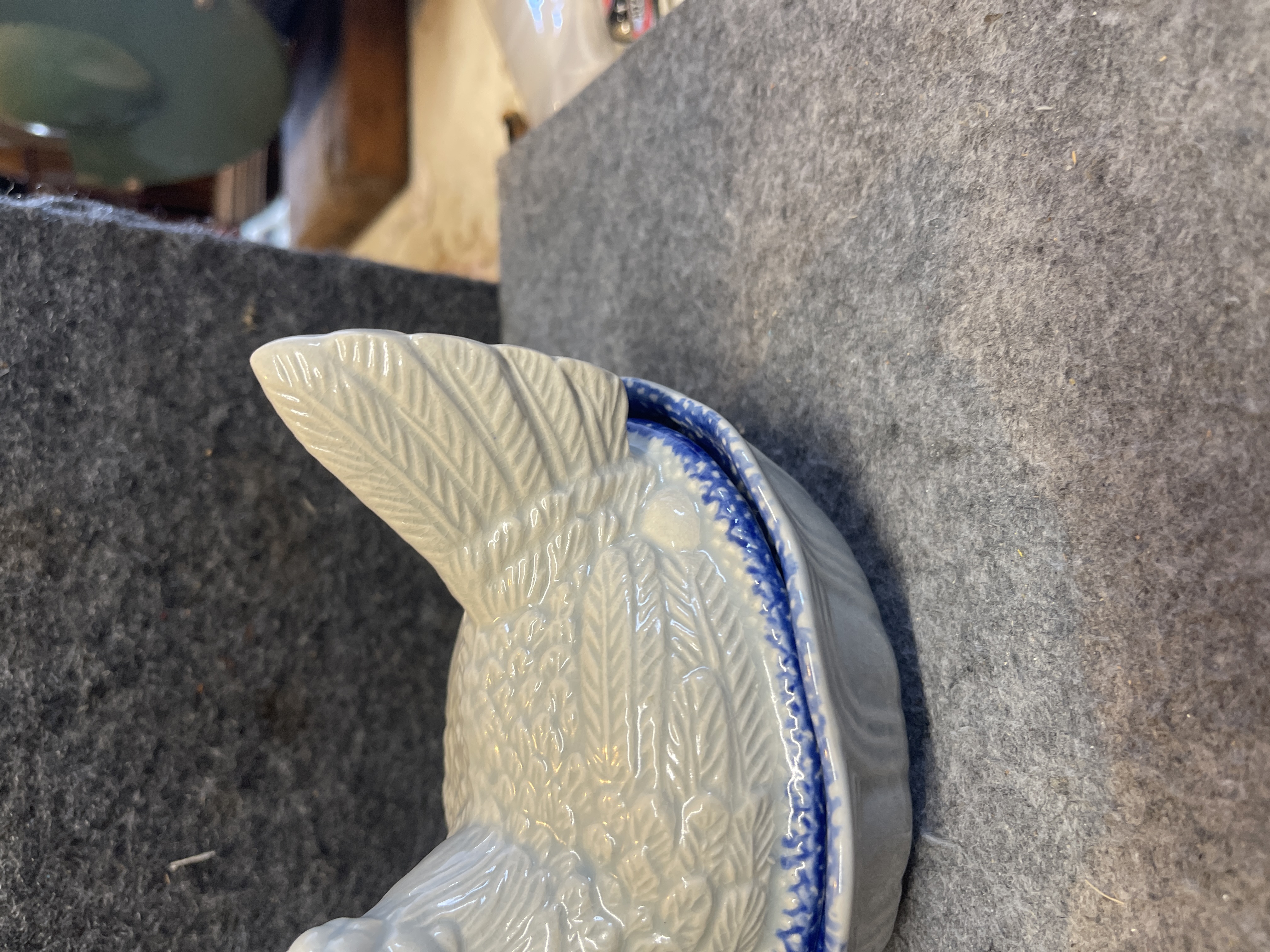 Chinese Ceramic Hen-on-Nest Covered Dish with Blue Spongeware Trim