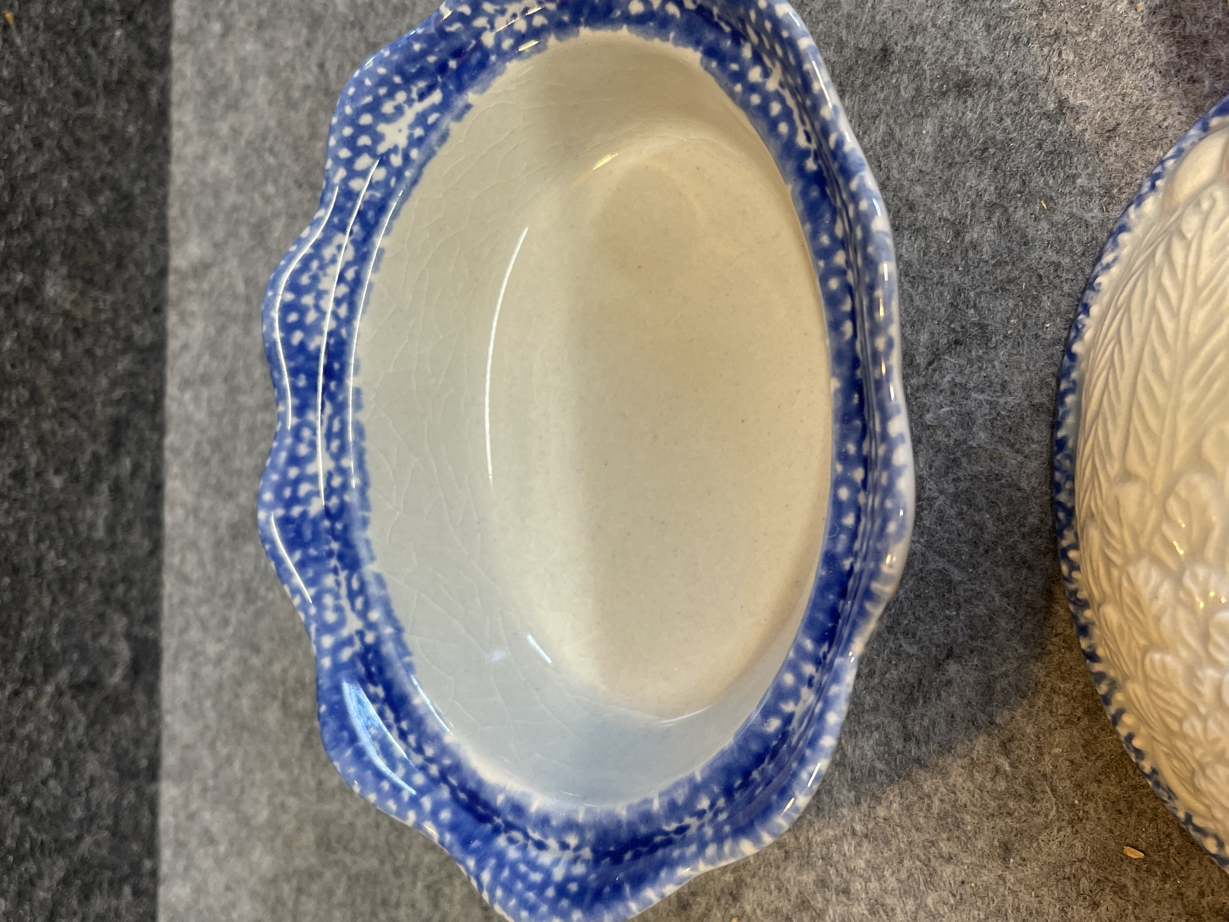 Chinese Ceramic Hen-on-Nest Covered Dish with Blue Spongeware Trim