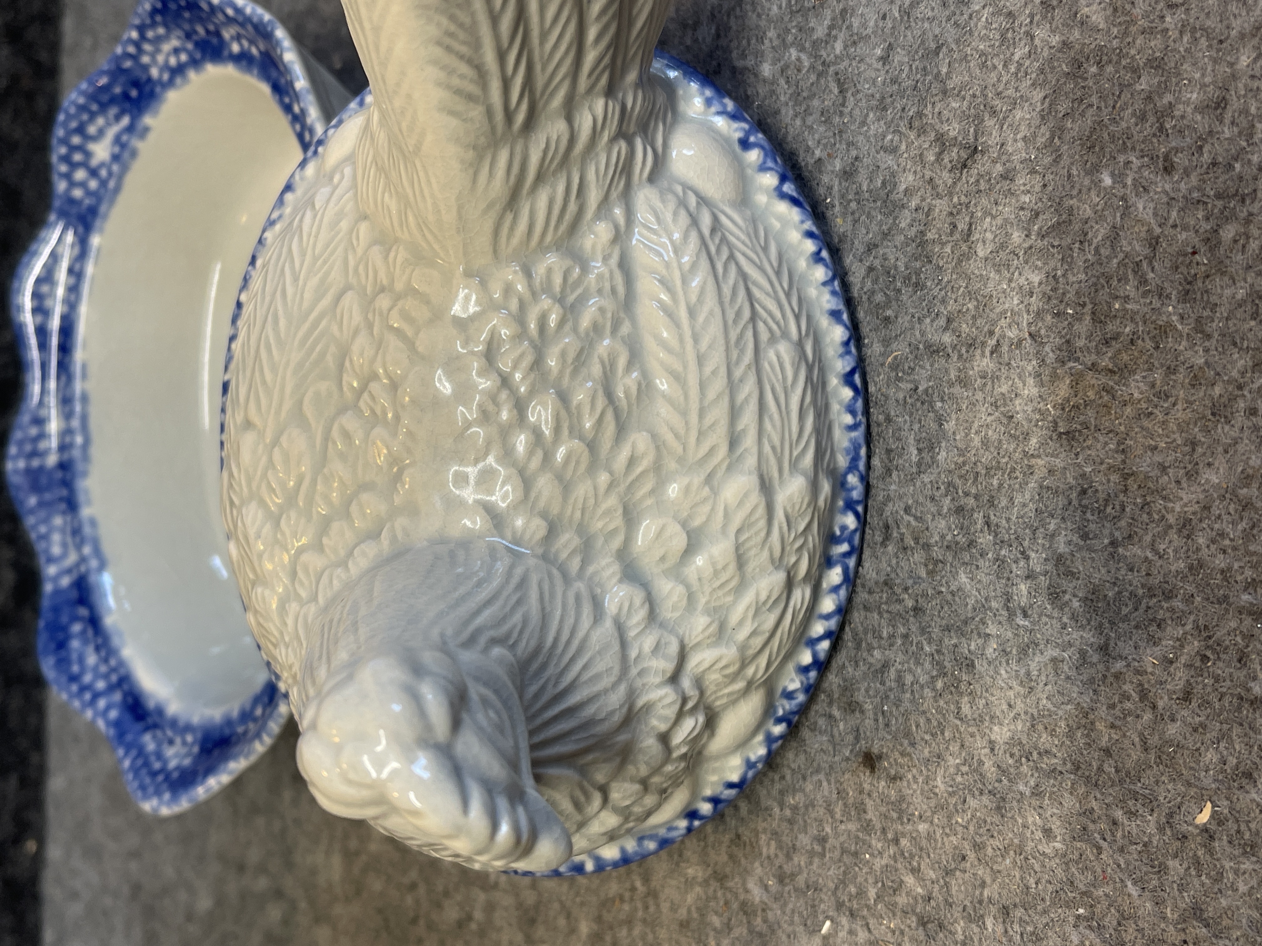 Chinese Ceramic Hen-on-Nest Covered Dish with Blue Spongeware Trim