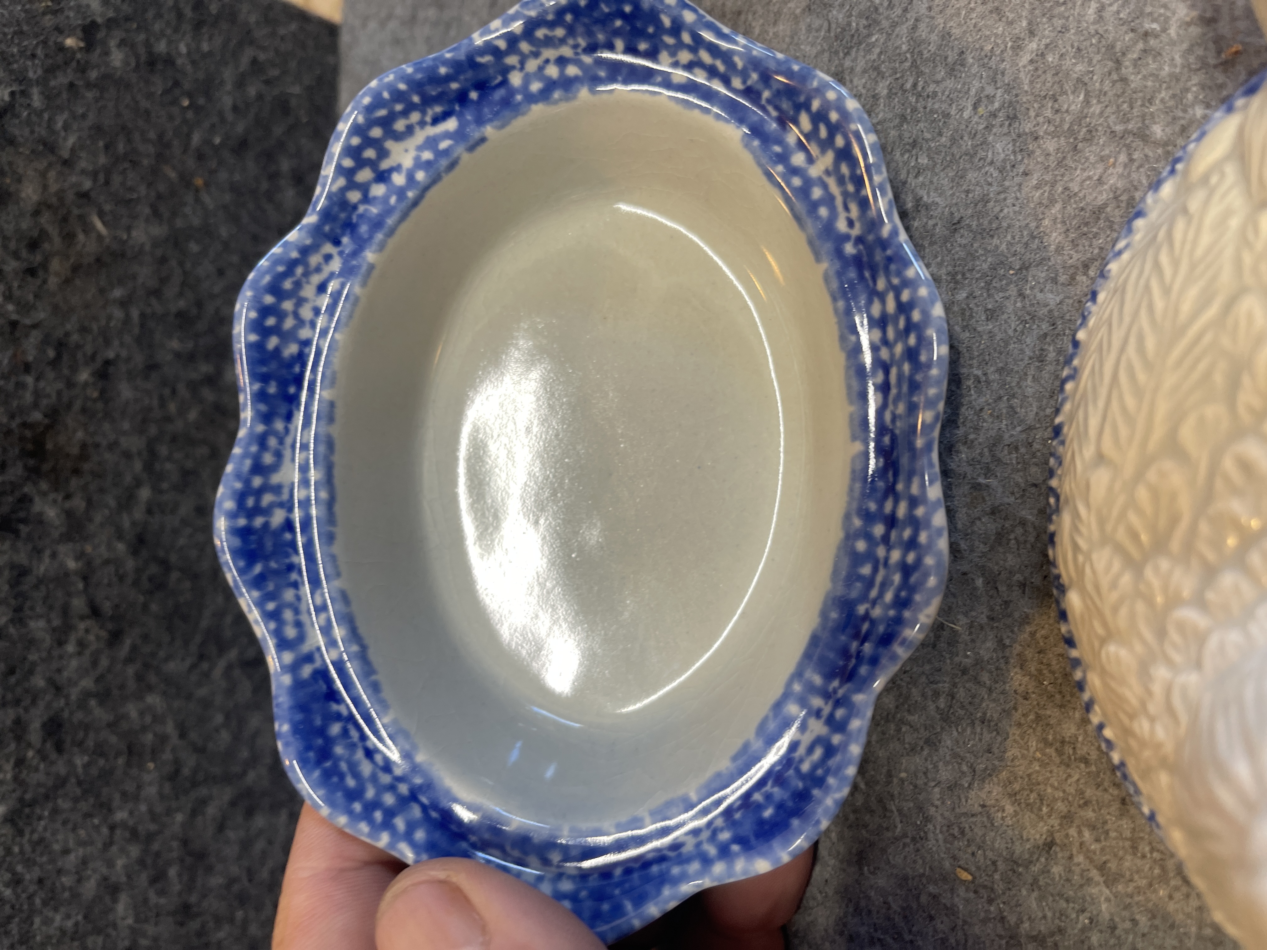 Chinese Ceramic Hen-on-Nest Covered Dish with Blue Spongeware Trim