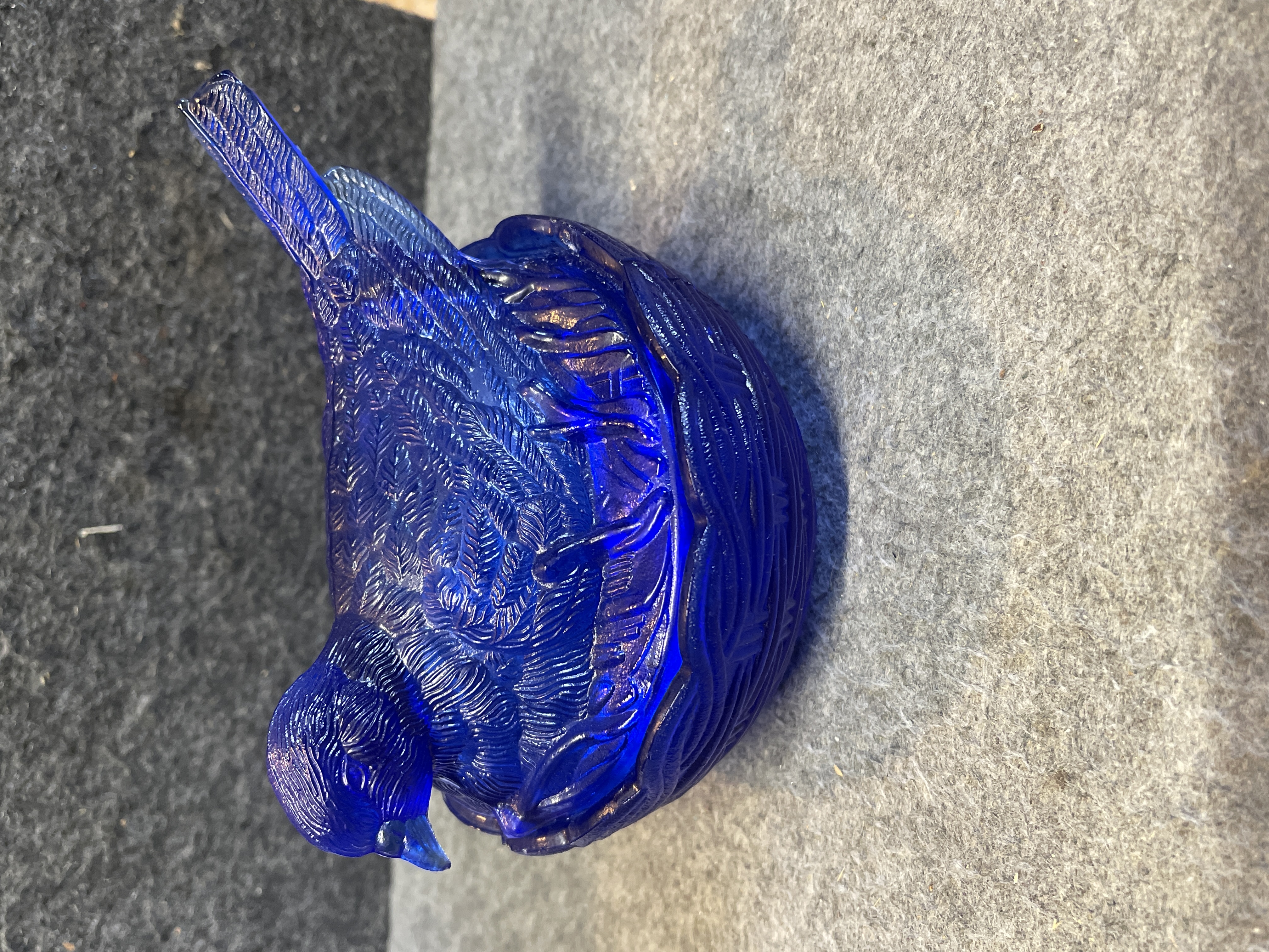 Hazel-Atlas Cobalt Blue Carnival Glass Bird on Nest Covered Dish