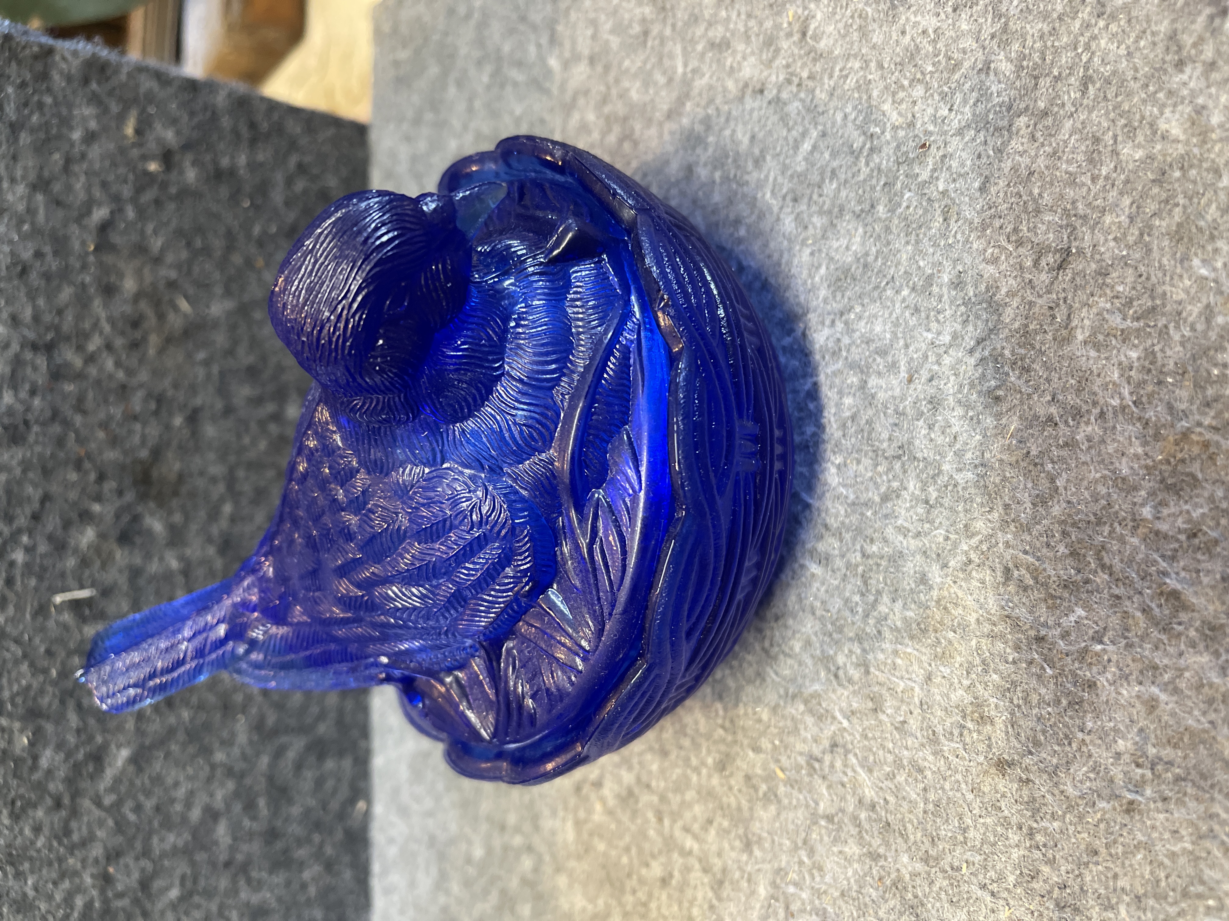 Hazel-Atlas Cobalt Blue Carnival Glass Bird on Nest Covered Dish