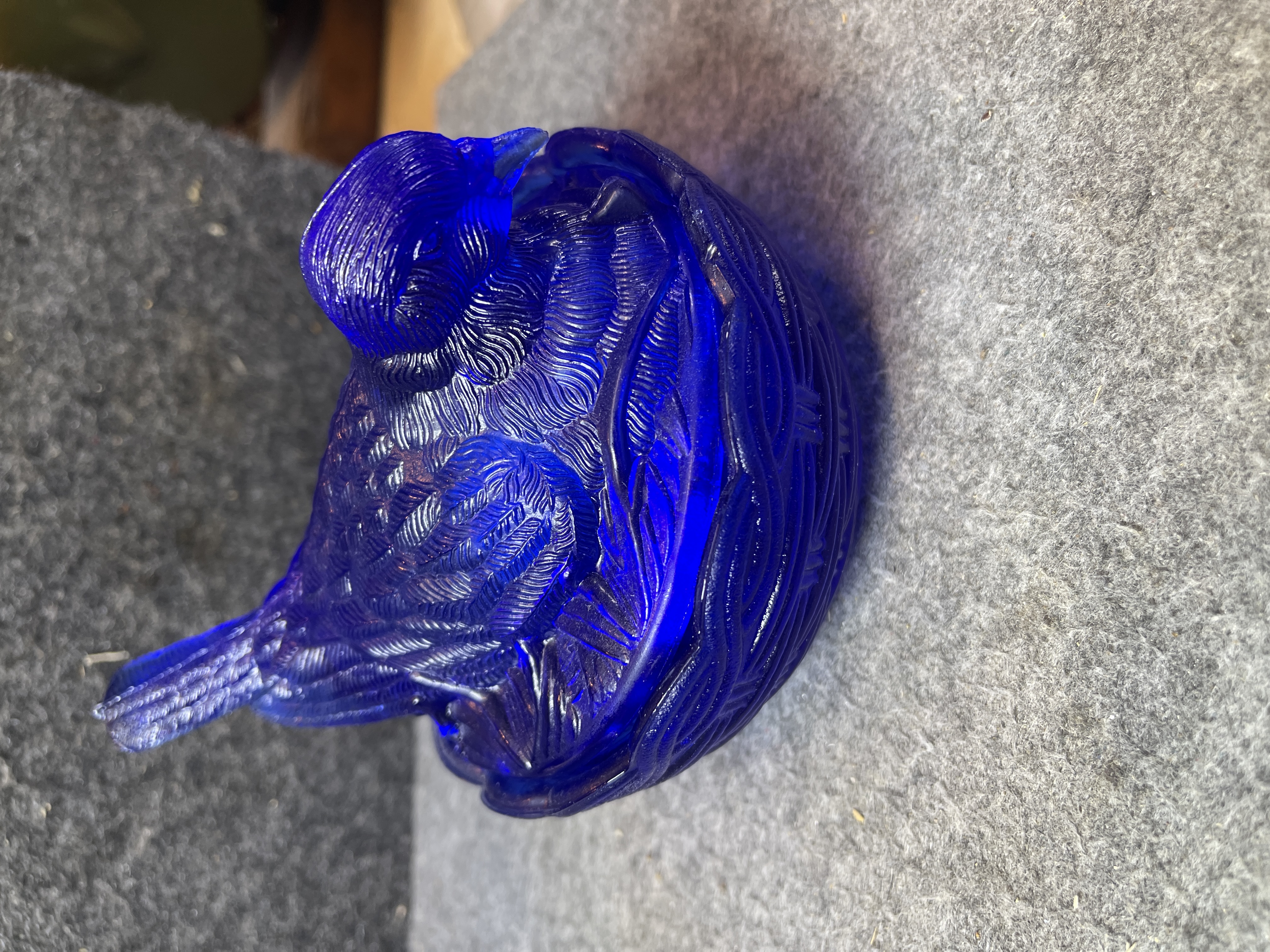 Hazel-Atlas Cobalt Blue Carnival Glass Bird on Nest Covered Dish