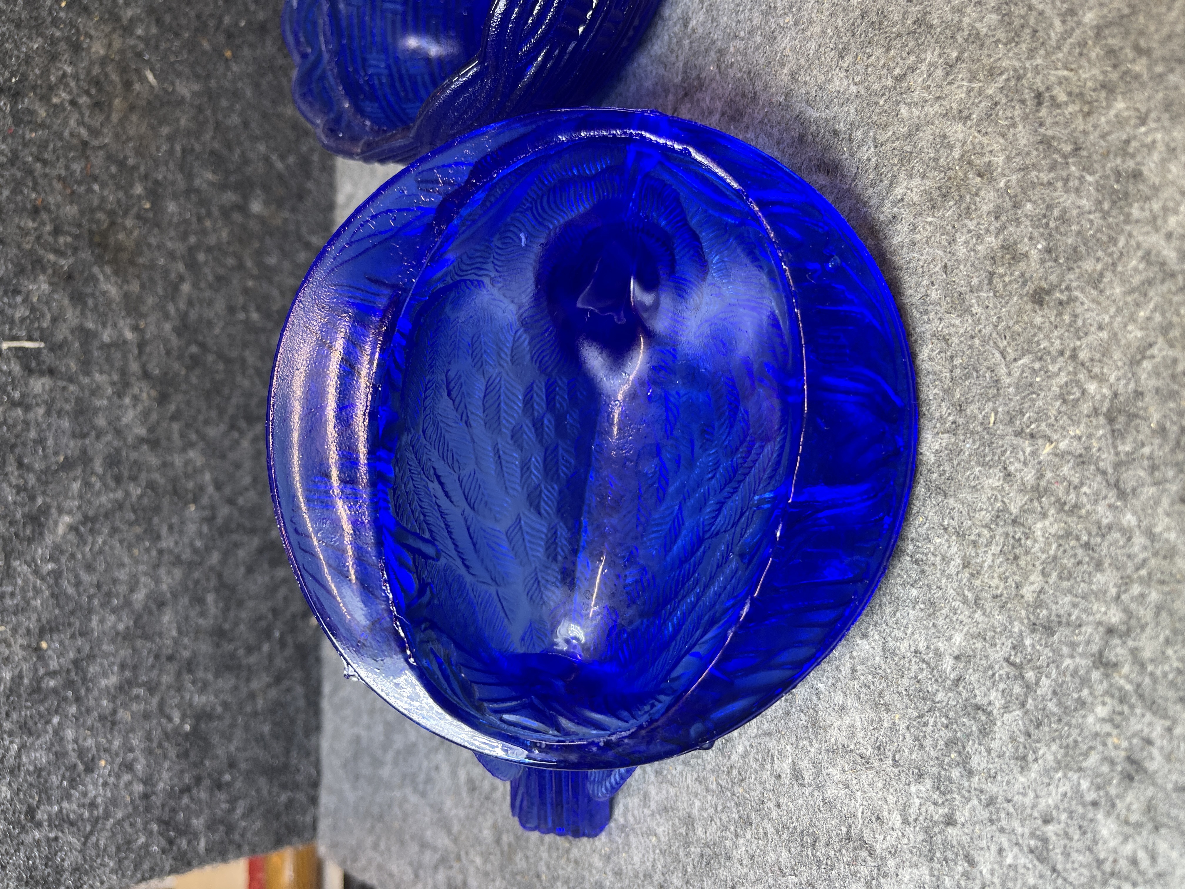 Hazel-Atlas Cobalt Blue Carnival Glass Bird on Nest Covered Dish