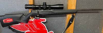 Savage B22 Magnum F 22 WMR Bolt-Action Rimfire Rifle with scope. Caliber: 22 WMR 
Handed: Right 
