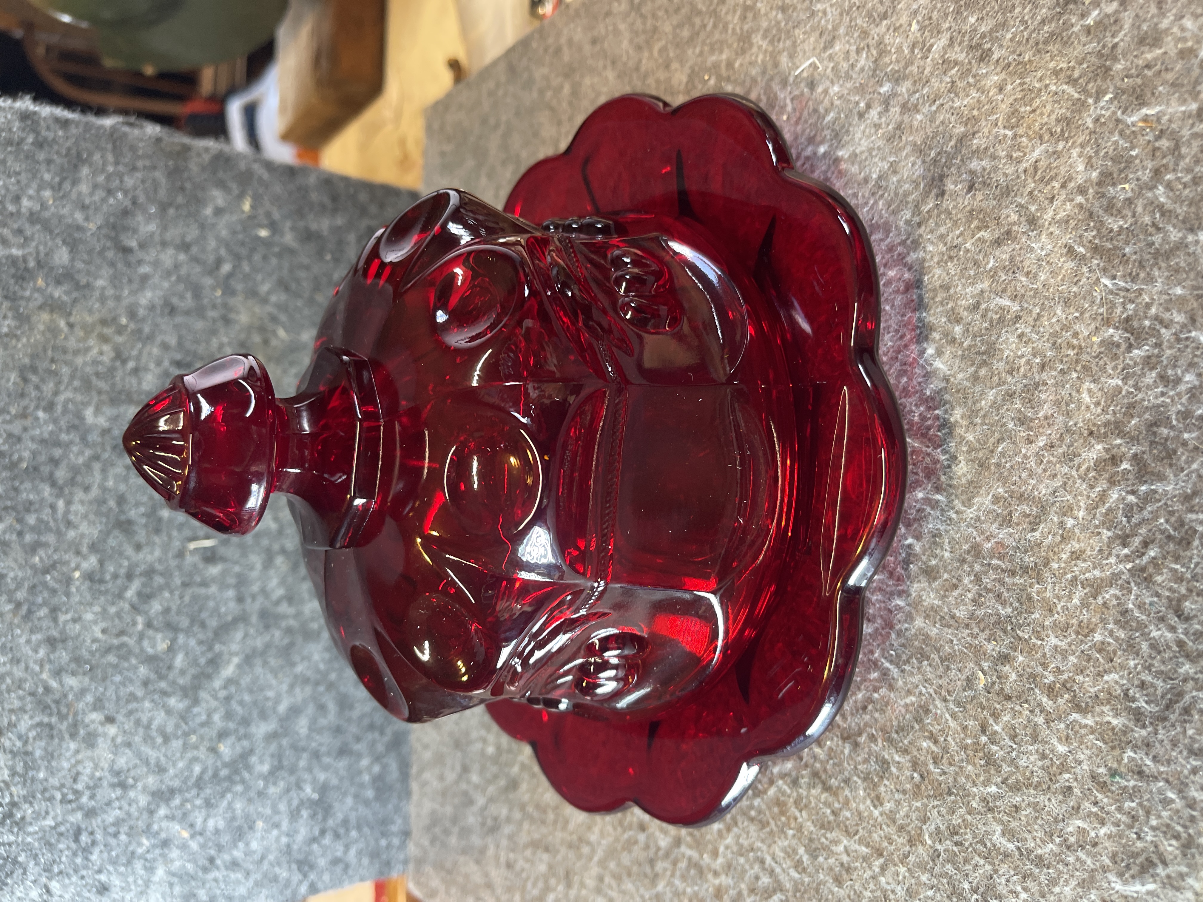 L.G. Wright Ruby Red Glass Cherry and Panel Covered Butter Dish