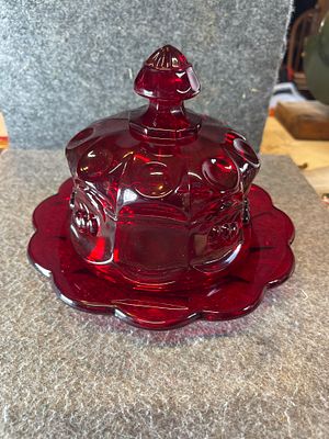 L.G. Wright Ruby Red Glass Cherry and Panel Covered Butter Dish. A two-piece pressed glass 