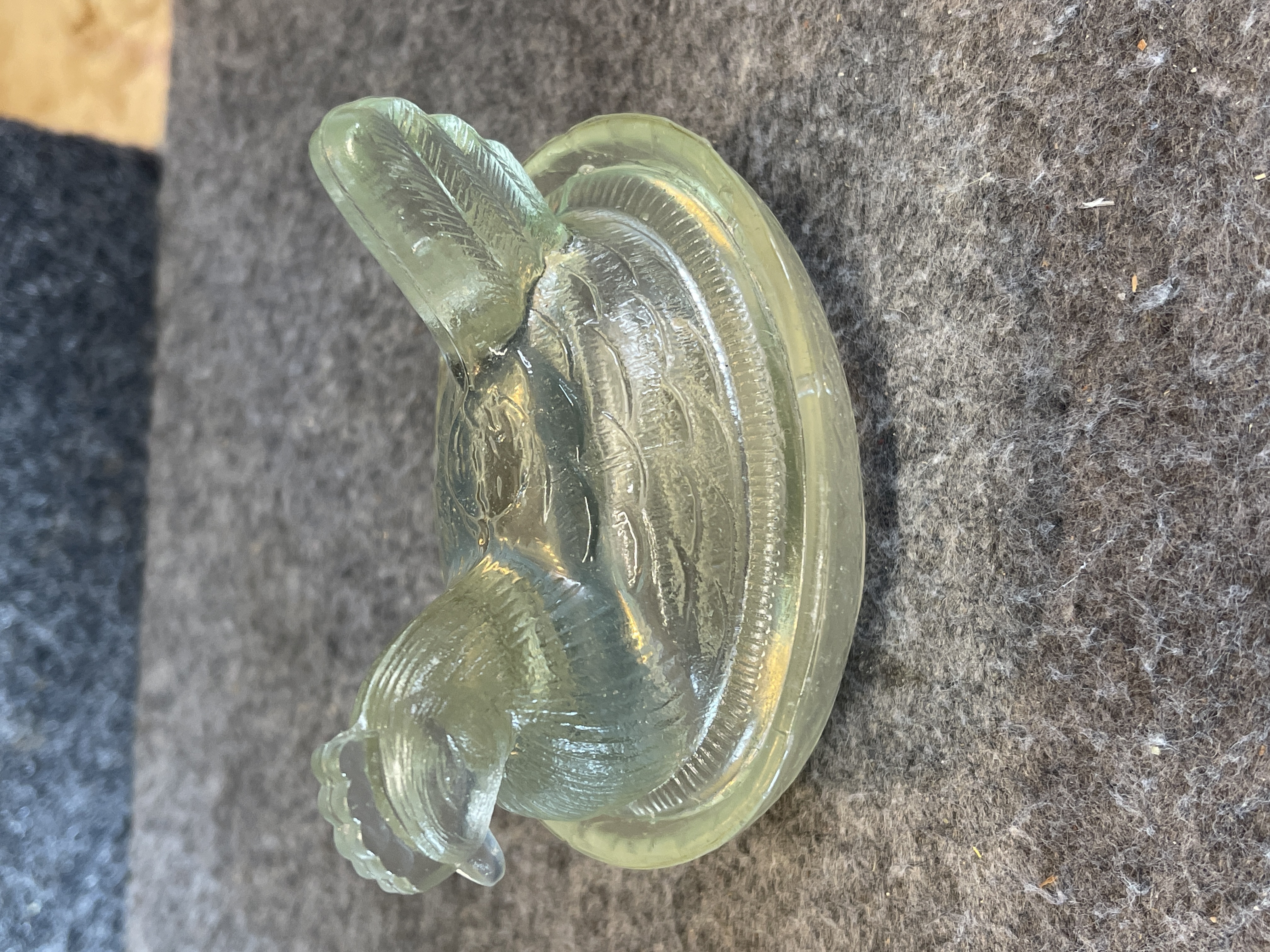 Miniature Pressed Glass Hen on Nest Covered Dish in Pale Yellow-Green