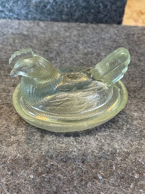 Miniature Pressed Glass Hen on Nest Covered Dish in Pale Yellow-Green. A two-piece miniature 