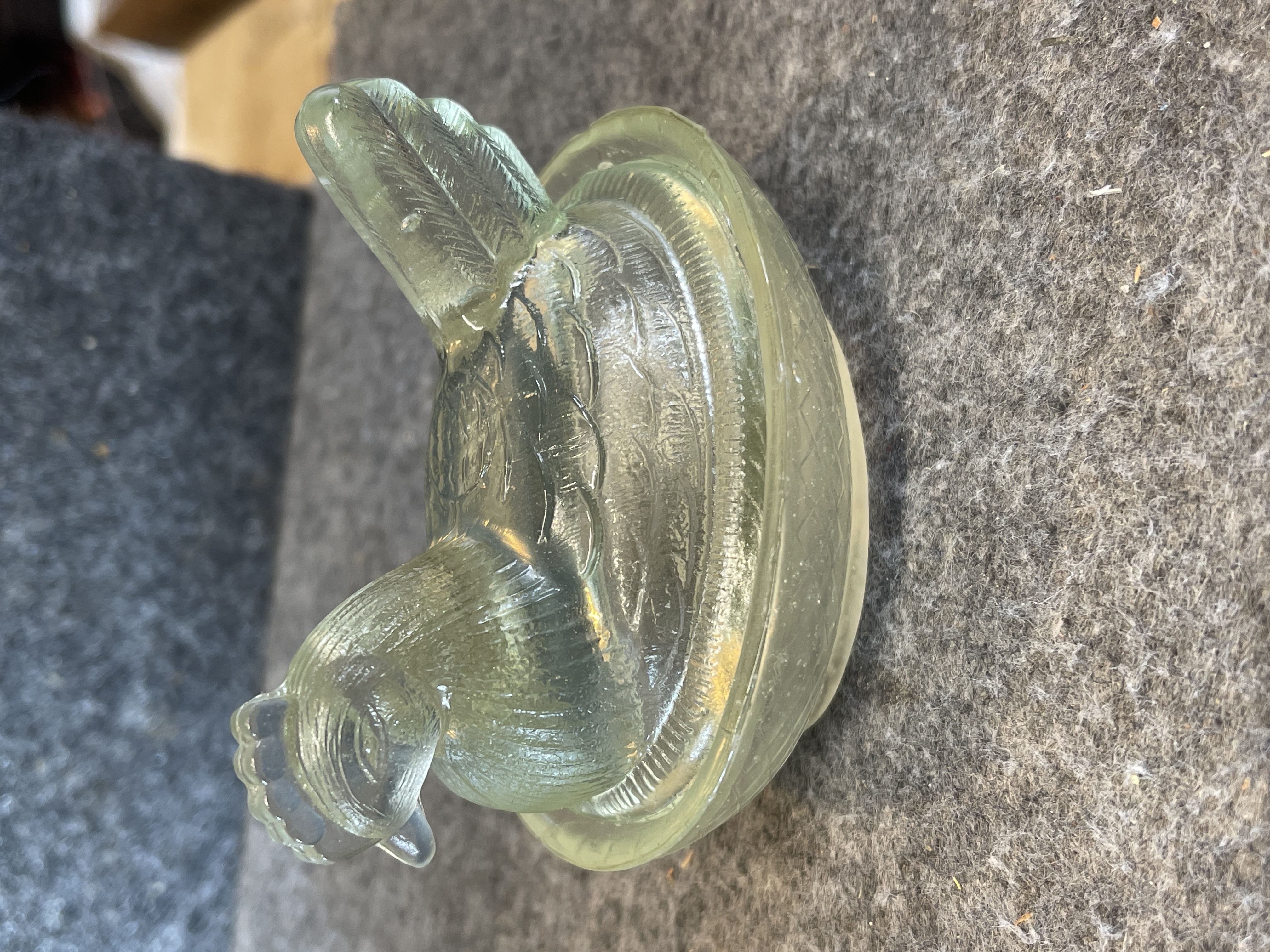 Miniature Pressed Glass Hen on Nest Covered Dish in Pale Yellow-Green